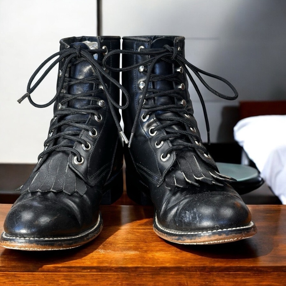 Justin Junior vintage Kiltie Roper Black Lace Up Durable Leather round toe boots - Picture 4 of 9